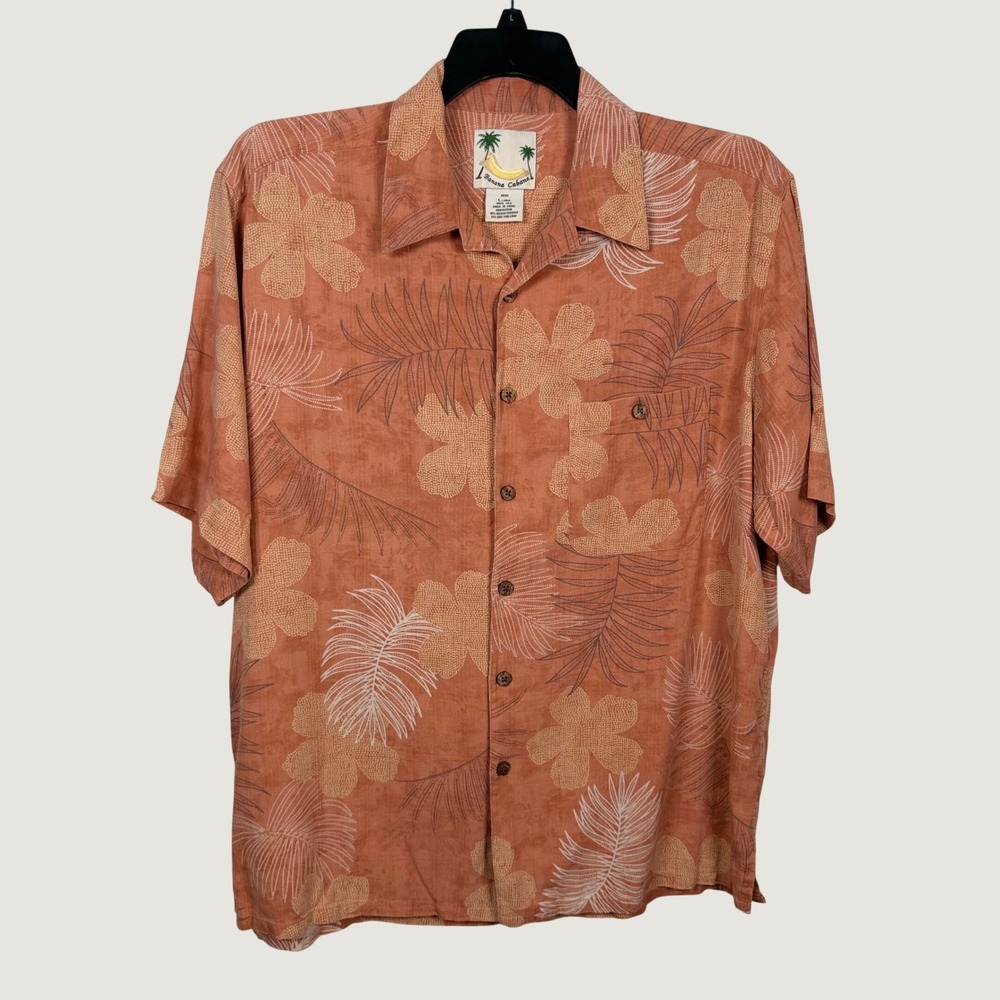 Banana Cabana Mens L Saffron Orange 100% Silk Floral Hawaiian Shirt Resortwear